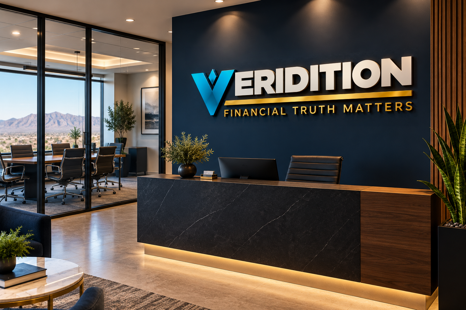 Modern office reception with the Veridition logo and gold Financial Truth Matters wall signage beside a glass-walled conference room.